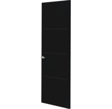 Moderne zwarte binnendeur met drie horizontale lijnen en een zilverkleurige deurklink.