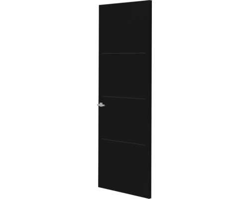 Moderne zwarte binnendeur met drie horizontale lijnen en een zilverkleurige deurklink.