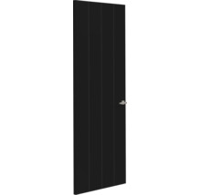 Binnendeur in zwart met drie verticale lijnen en een zilverkleurige deurkruk.