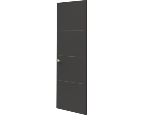 Binnendeur in antraciet met drie horizontale groeven en zilverkleurige deurklink.