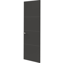 Moderne binnendeur in antraciet met drie horizontale groeven en zilverkleurige deurkruk.
