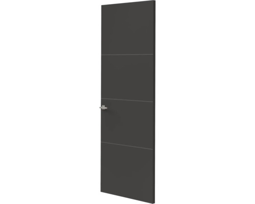 Moderne binnendeur in antraciet met drie horizontale groeven en zilverkleurige deurkruk.
