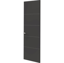 Binnendeur in antraciet met horizontale lijnen en een zilverkleurige deurklink.