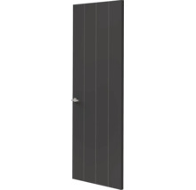 Moderne donkergrijze binnendeur met verticale groeven en een minimalistische deurklink.