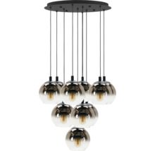 Meervoudige hanglamp met ronde glazen bollen en zichtbare filament lichtbronnen.