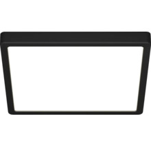 Vierkante plafondlamp met zwart frame en wit lichtoppervlak.