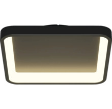 Vierkante LED-plafondlamp met zwart frame, afgeronde hoeken en een lichtgevende rand.