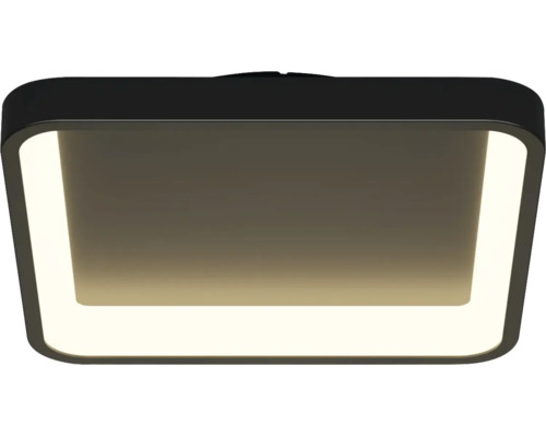 Vierkante LED-plafondlamp met zwart frame, afgeronde hoeken en een lichtgevende rand.
