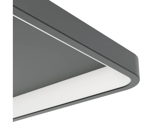 Detail van een platte, grijze LED-plafondlamp met afgeronde hoeken en een witte diffusor.