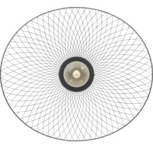 Ronde hanglamp van metaaldraad met een fijnmazig netpatroon en centrale lichtbron, bovenaanzicht.