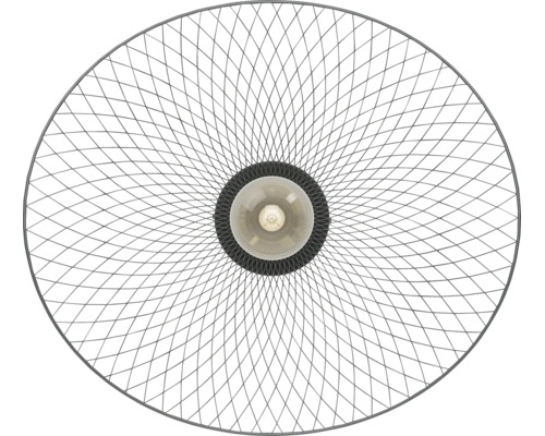 Ronde hanglamp van metaaldraad met een fijnmazig netpatroon en centrale lichtbron, bovenaanzicht.