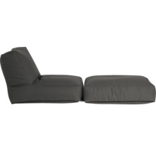 Loungestoel set bestaande uit een zitzak stoel met rugleuning en bijpassende hocker van grijze stof.