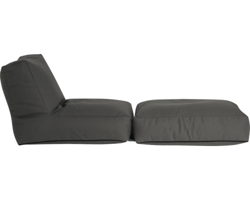 Loungestoel set bestaande uit een zitzak stoel met rugleuning en bijpassende hocker van grijze stof.