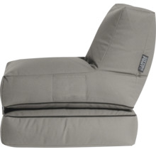 Grijze zitzakstoel met hoge rugleuning, zijvak en Sitting Point Logo.