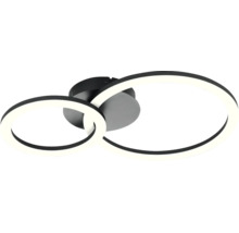 LED-plafondlamp met twee overlappende ringen van metaal en kunststof in het zwart.