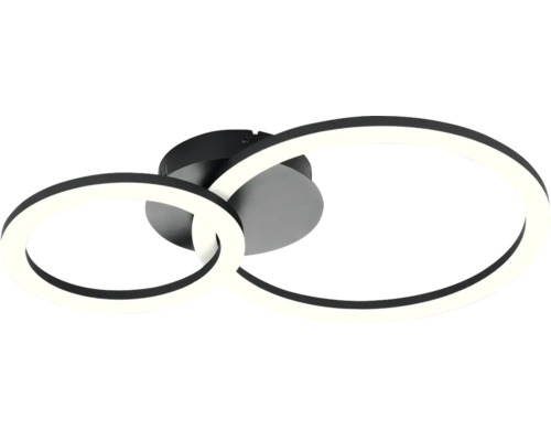 LED-plafondlamp met twee overlappende ringen van metaal en kunststof in het zwart.