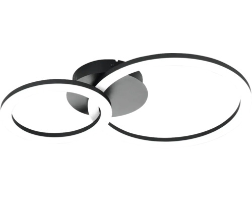 Moderne zwarte LED-plafondlamp met twee in elkaar grijpende ringen van metaal en kunststof.