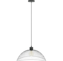 Zwarte hanglamp met koepelvormige kap van draadvlechtwerk, lang snoer en plafondkap.