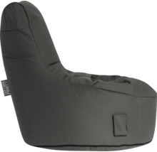 Grijze zitzak in fauteuilvorm met hoge rugleuning en zijvak. Sitting Point Logo.
