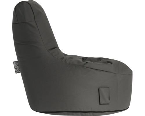 Grijze zitzak in fauteuilvorm met hoge rugleuning en zijvak. Sitting Point Logo.