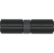 Zwarte metalen scharnierverbinder voor gordijnroedes.