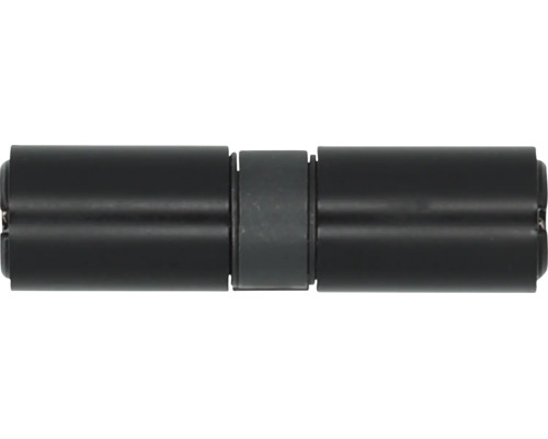 Zwarte metalen scharnierverbinder voor gordijnroedes.