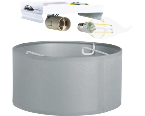 Wandlamp met grijze stoffen kap, E14 fitting en LED lamp in kaarsvorm.