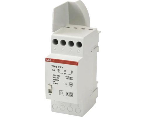 ABB beltransformator TS8/8 SWH voor DIN-rail montage, 230 Volt ingang, 8 Volt uitgang, 1 Ampere, met aan-uit schakelaar.