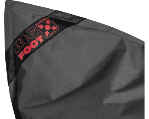 Detailopname van een donkergrijze zitzak met Sitting Point Big Foot logo.