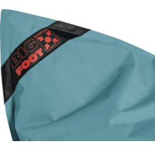 Detailweergave van een turquoise zitzak van textiel met Big Foot Logo en Sitting Point Logo.