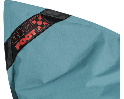 Detailweergave van een turquoise zitzak van textiel met Big Foot Logo en Sitting Point Logo.