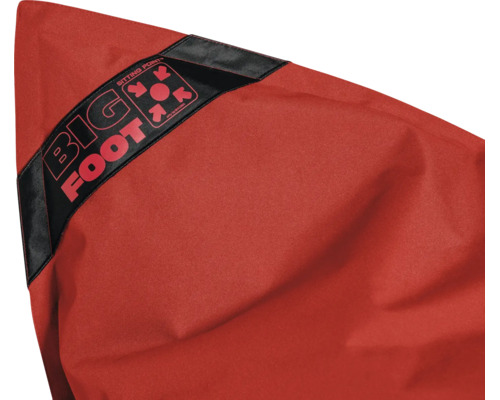 Detailweergave van een Big Foot zitzak van Sitting Point met stofstructuur en Sitting Point Logo.