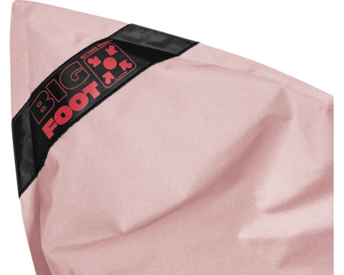 Detail van een zitzak van textiel met Sitting Point Logo en Big Foot opschrift.