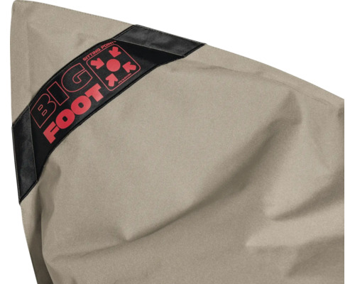 Detail van een zitzak met Sitting Point Logo en Big Foot Logo.