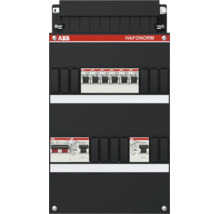 ABB Hafonorm groepenkast met installatieautomaten en aardlekschakelaars, drie rijen, ABB Logo.