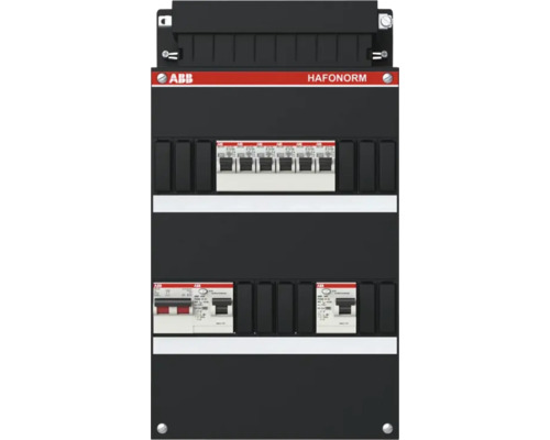 ABB Hafonorm groepenkast met installatieautomaten en aardlekschakelaars, drie rijen, ABB Logo.