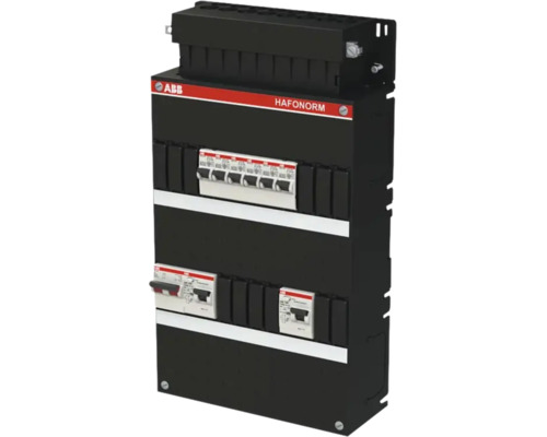 ABB Hafonorm groepenkast, voorzien van installatieautomaten en aardlekschakelaars op DIN-rail.