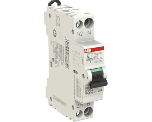 ABB aardlekautomaat DS301C, B-karakteristiek, 20 Ampère, 300 Milliampère, 1-polig plus nul.