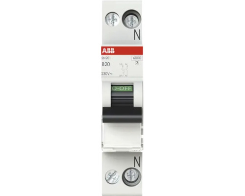 ABB installatieautomaat SN201 B20, 230 Volt, eenpolig met nul, schakelaar in uit-stand.