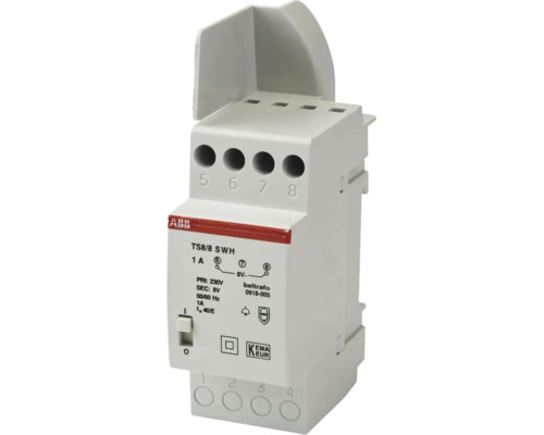 ABB beltransformator TS8/8 SWH, 8 Volt, 1 Ampere, voor DIN-rail montage.