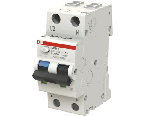 ABB aardlekautomaat DS201, karakteristiek B16, 30 milliampère, 230 volt, 2-polig, nominale stroom 16 ampère.