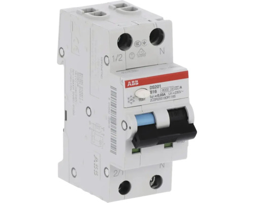 ABB Logo Aardlekautomaat DS201 B16, 6000 Ampère kortsluitvastheid, 30 Milliampère aardlekstroom.
