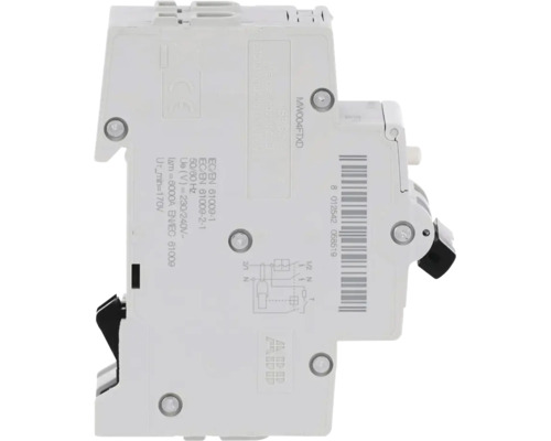 ABB aardlekautomaat voor 230 Volt met technische gegevens en schakelschema in zijaanzicht.