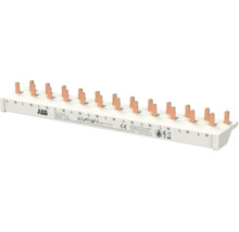 ABB kamrail met koperen pennen voor installatieautomaten, gemarkeerd voor fase en nuldraad, Europese conformiteit, ABB Logo.
