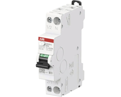 ABB aardlekautomaat DS301C B16, 16 Ampère, 30 Milliampère, type A, 1-polig plus nul.