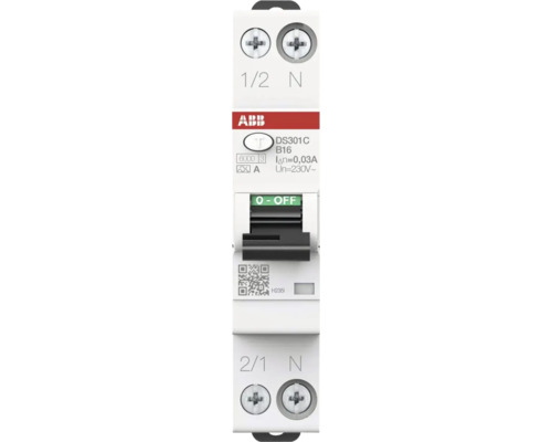 ABB aardlekautomaat DS301C B16, 30 milliampère, 230 volt, 1-polig plus nul, ABB Logo.