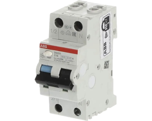 ABB aardlekautomaat DS201 C16 voor elektrische installaties met testknop en schakelaar.