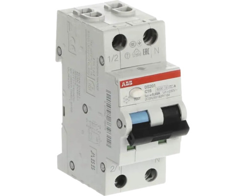 ABB Logo op een aardlekautomaat DS201, type A, C16, 30 milliampere, 230 volt, tweepolige combinatie van installatieautomaat en aardlekschakelaar.
