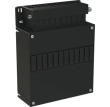 Zwarte elektrische verdeelkast met modulaire sleuven en bevestigingsschroeven.