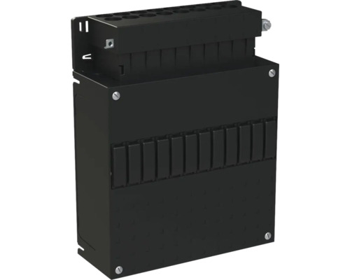 Zwarte elektrische verdeelkast met modulaire sleuven en bevestigingsschroeven.